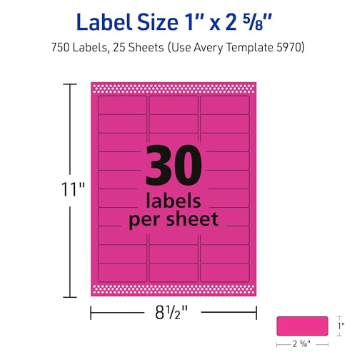 Image of Avery Printable Address Labels with Sure Feed, 1 inch x 2-5 /8 inch, Neon Magenta, Laser & Inkjet Compatible, 750 Blank Labels Total, Great for Branding, Mailing, Organizing, and More (5970)