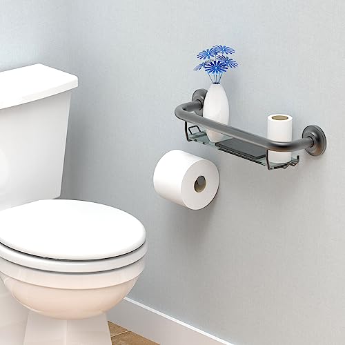 Ameriluck Bath Safety Grab Bar With Tempered Glass Shampoo Shelf For Shower Wall And Bathtub, 250Lbs Weight Support, 16Inches Apart For Stud Mount, Stainless Steel Rustproof, Matte Black #TOP3