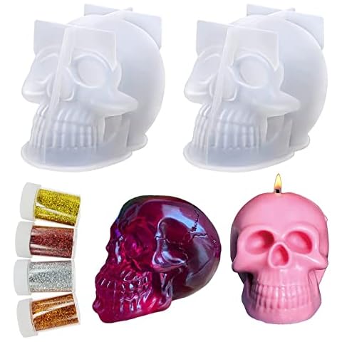 Cayway Skull Resin Molds Silicone, 2 PCS 3D Skull Candle Molds with Sequins for Halloween Party,Making Aromatherapy, Candles, Resin, Soap, Lotion Bar, Clay Cover