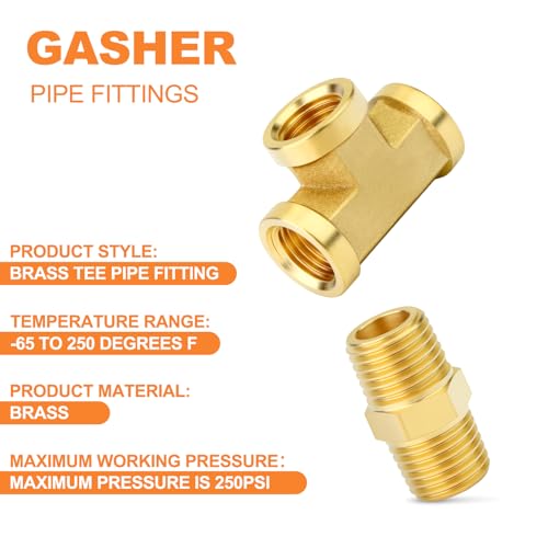 Image of GASHER 2PCS Brass Tee Pipe Fittings, 1 /4 inch NPT Female x 1 /4 inch NPT Female x 1 /4 inch NPT Male Pipe Fittings, Male Run Tee