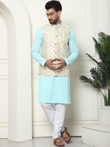 Image of SOJANYA (Since 1958 Men's Cotton Linen Maroon Kurta and White Pyjama with Mustard Cotton Nehru Jacket