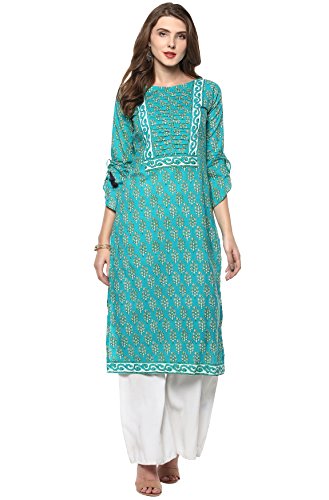 Janasya Indian Women's Tunic Tops Cotton Kurti For Women(JNE2153-KR-278-S) Turquoise