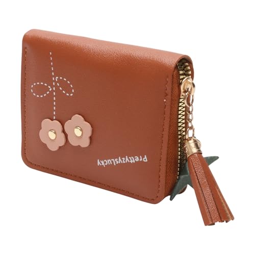 1Pcs Pouch for Money Short Floral Card Wallet PU Leather Brown 11x9cm2