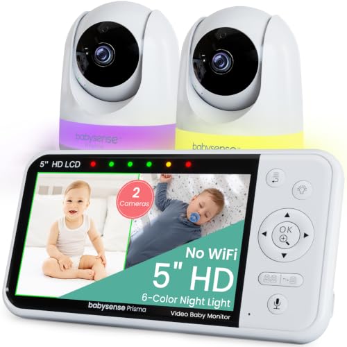 Babysense Prisma Baby Monitor with Camera and Audio, 5” HD Video Baby Monitor with 2 Cameras, 6-Color Night Light, Split Screen, Baby Sound Machine with White Noise & Lullabies, Secure No WiFi