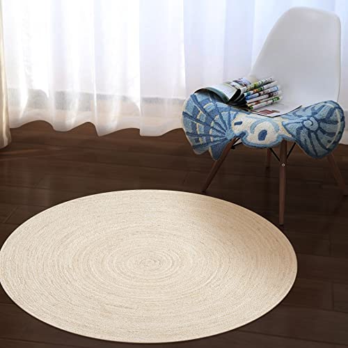 Hausattire Hand Woven Jute Braided Rug, 4’ Round – Off White, Reversible Boho Entry Area Rugs for Kitchen, Living Room I Farmhouse Decorative Floor Rug, 4 Feet Round