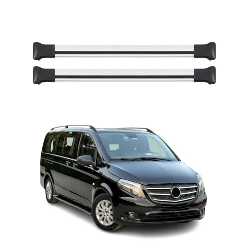 Dachträger Grundtäger kompatibel mit Mercedes Viano Vito W638 W639 W447 2003-2025 Aluminium 75kg Silber 2tlg Offene Reling für Fahrradträger, Dachboxen, Skiträger Abschließbar