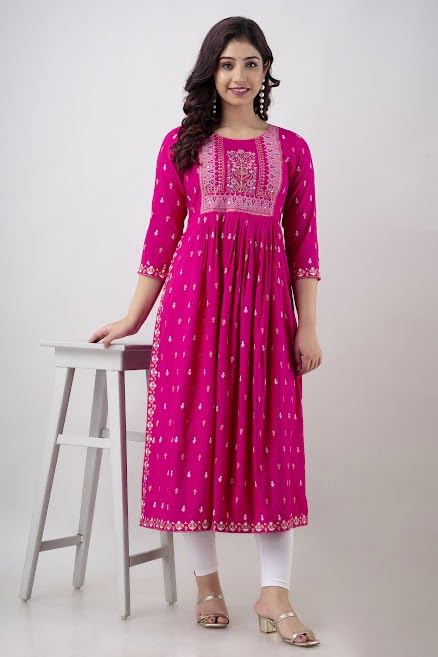 Image of Jai Shree Fab Women's Rayon Round Neck 3 /4 Sleeve Printed Kurti with Side Slit Pattern
