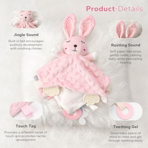 Image of ZIGJOY Baby Girl Lovey, Pink Bunny Security Blanket with Crinkle & Teether | Raised dot flannel and short plush add cozy texture for grasping, cuddling and play.