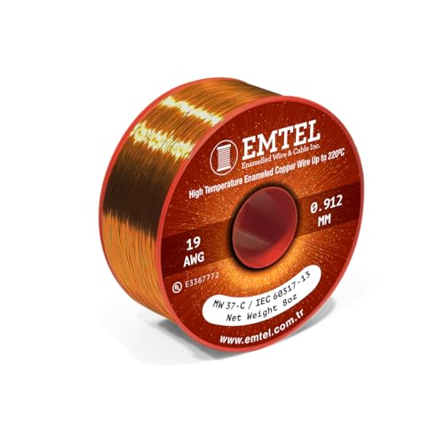 Emtel 0,912 mm (19 AWG)   225 g (8 oz)   19 metros de alambre de cobre esmaltado   Clase de temperatura 220°C (428°F)   Alambre de bobinado de doble aislamiento para motores eléctricos