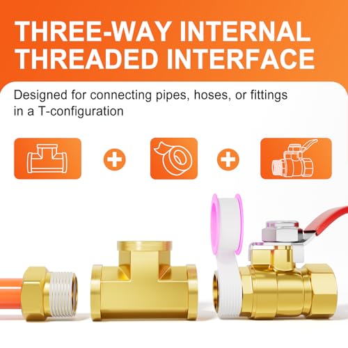 Image of GASHER 8Pcs Brass Tee Fitting, 1 /4 inch x 1 /4 inch x 1 /4 inch NPT Female Pipe Fittings