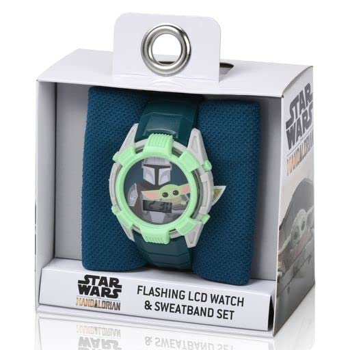 Image of Lucasfilm Star Wars Baby Yoda Kids Digital Watch Set - LED Flashing Lights, LCD Watch Display, Sweat Band, Kids, Boys Watch, Plastic Strap in Blue (Model: MNL40032AZ)