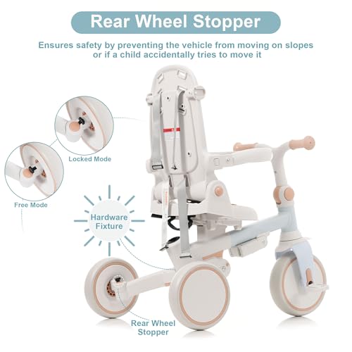 Image of 7 in 1 Baby Tricycle, Foldable Toddler Tricycle with Removable and Adjustable Parent Handle, Toddler Push Bike with Removable Pedal, Canopy, and Guardrail, Tricycle for 12-72 Months (Blue)