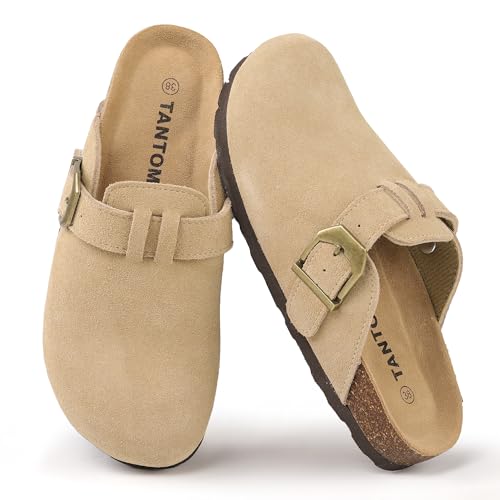 TANTOMI Hausschuhe Clogs für Damen Herren rutschfeste Hausschuhe Leder Unisex Weiches Kork Fußbett Pantoletten mit Arch Support Gr.36-42 EU