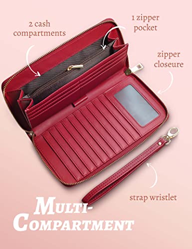 Faux Leather Wallet for Women RFID Protected Large Size Bifold Card Holder Black (Red)4