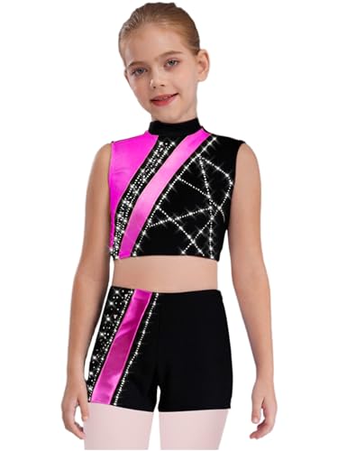 easyforever Girls 2-Piece Gymnastics Wear Shiny Metallic Crop Tank Top with Shorts for Ballet Dance Show Hot Pink 16 Years