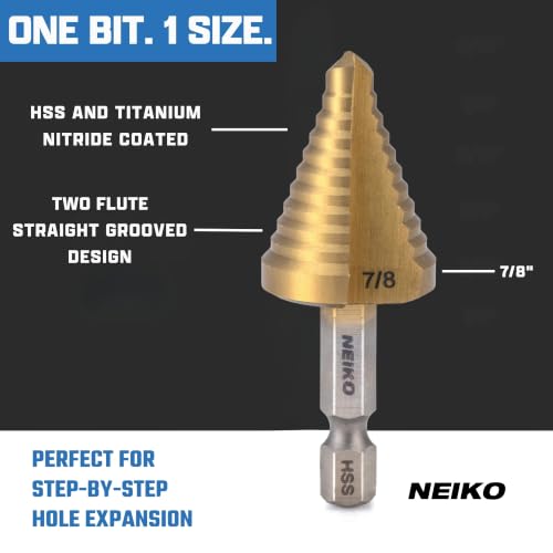 Image of NEIKO 10620A Step Drill Bit, 1 Step 7 /8 inch Straight High Speed Steel, Titanium Nitride Coated, 1 /4 inch Quick Change Step Bits for Steel, Metal, Wood, Plastic, Unibit Cone Drill Bits, Two Flute