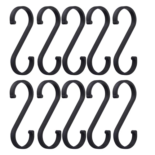 10 Pack Heavy Duty S Hooks, 7.5cm Space Aluminum Grade Anti-Rust Coated S-Hook Hangers, S Shaped Heavy Duty Hooks for Kitchen Bathroom Garden, Hanging Pots Pans Bags Clothes Towels Coffee Cups(Black)