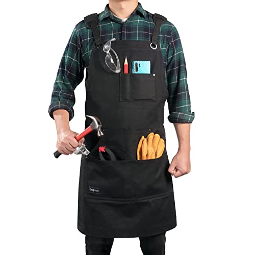Gifts for Men, Work Apron for Men for Shop, With Pockets & Crossback, Waxed Canvas Tool Apron, for Woodshp, Black, One Size Fits S to XXL