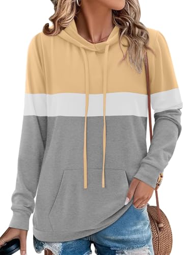 Chicrise Sudaderas con Capucha para Mujer, Cuello Redondo, Manga Larga, con Bolsillo, Sudadera con A Rayas, Punto Informal Beige Gris Mediano 38-40 M