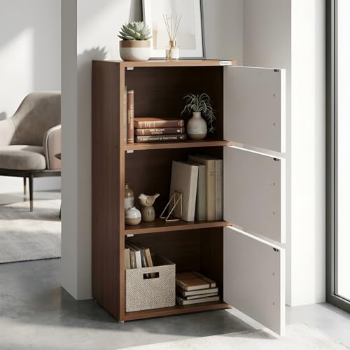 Image of Nilkamal Sear 3 Tier Wooden Storage Cabinet | Free Standing Book Shelf with 3 Doors & 3 Spacious Shelves | Engineered Wood | Organizer for Home & Office | Classic Walnut & White | DIY(Do It Yourself)