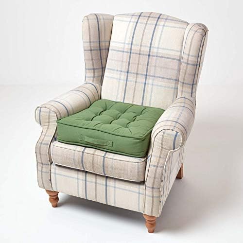 HOMESCAPES Green Armchair Booster Cushion Large Firm 50 cm Square Seat Pad with Supportive 10 cm Thick Lift Luxury Soft Touch Cotton Dark Green Cushion For The Elderly, Post-Operative and Pregnancy