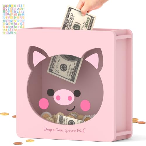 Image of Summidate Wooden Money Saving Box, Clear Window Cash Vault Savings Box with DIY Stickers, Reusable Personalized Piggy Bank for Kids & Adults, Birthday /Baby Shower /Wedding Gift