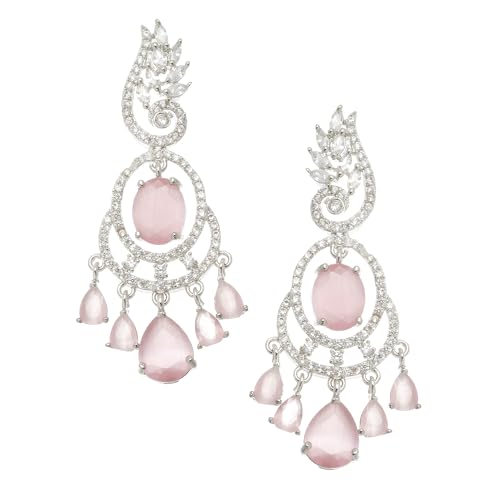 Image of ZENEME Rhodium-Plated American Diamond Studded Oval & Leaf Shaped Drop Earrings For Girls and Women
