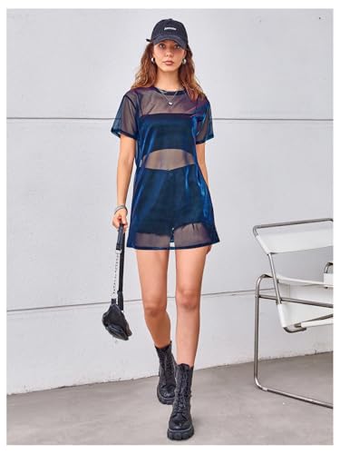 Image of Floerns Women's See Through Sheer Mesh Night Out Dress Short Sleeve Round Neck Club Short Dress