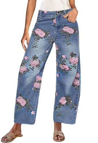 loveimgs Women Boyfriend Floral Print Baggy Barrel Jeans Cargo Denim Pants Y2k Patchwork Mid Rise Printed Wide Leg Sweatpants (Small,Rose)