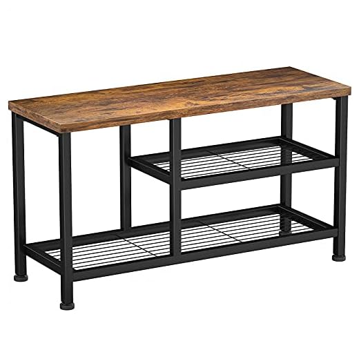 Karcog Shoe Rack Bench for Entryway with Boot Organizer, Industrial Entry Bench with Shoe Storage Shelf, 3-Tier Small Rustic Shoe Rack for Small Spaces, Metal Shoe Rack with Wood Bench