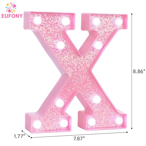 Image of Pink Marquee Light Up Letters, Glitter Alphabet LED Letter Lights for Pink Birthday Party Decorations, Battery Operated Letter Sign for Girls Room Vanity Table Decor, Cool White Lights Letter X