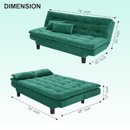 Image of Modern Three Seater Sofa Cum Bed with Cushions, Foldable Couch, Velvet Fabric Sleeper Sofa for Living Room, Guest Room, Green