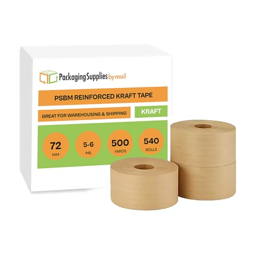 PSBM Reinforced Gummed Kraft Paper Packing Tape, 72mm x 500 Feet, 540 Pack, Brown, Water Activated, Fiberglass Stranded Carton Box Sealing Shipping Tape