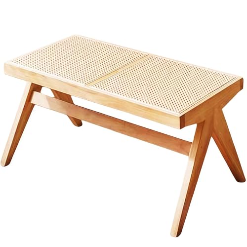 YQYQY天然ラタン編み 木製スツール コンパクト 通気性設計 簡単組立 オットマン 足置き 靴替えベンチ 省スペース 北欧風 無垢材 完成品 軽量 多機能 玄関 リビング 寝室 廊下 和室 収納 インテリア 1人掛け 2人掛け (ナチュラル,ダブルベンチ