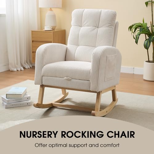 Image of NIOIIKIT Nursery Rocking Chair, Corduroy Upholstered Rocking Chair with Adjustable Footrest, Tufted Rocker Chair with Side Pocket, Glider Rocker for Living Room, Bedroom (Cream Retro)