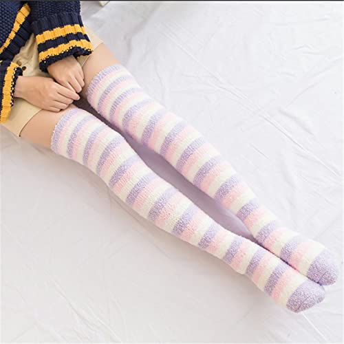 ASkinds 2 Pairs Women's Over Knee High Fuzzy Socks, Cute Coral Fleece Thigh High Long Striped Winter Christmas Leg Warmers2
