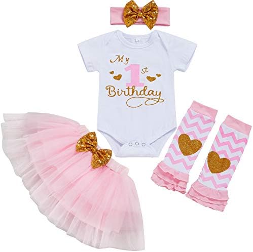My 1st Birthday Outfit Baby Girl Short Sleeve Romper Tutu Skirt Sequins Bow Headband Leg Warmers Clothes 4Pcs Set (Pink3, 9-12 Months)