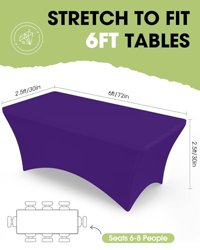Image of Pureegg Spandex Tablecloth 6ft - 2 Pack, Fitted and Tight Cloth for Rectangle Table, Wrinkle-Free and Stretch Table Cover for Party, Wedding, Banquet and Birthday, Purple