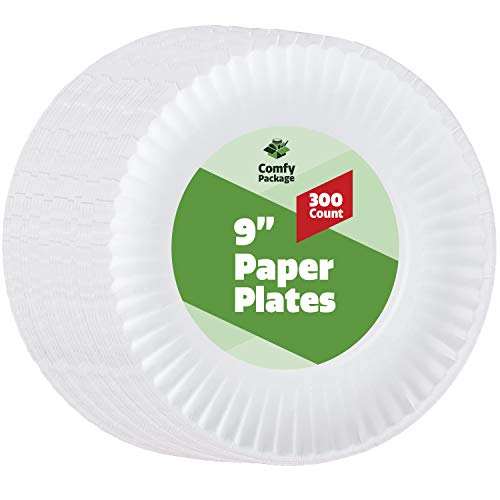 [300 Pack] Bulk Disposable White Uncoated Paper Plates, 9 Inch Large Madcity Pizza