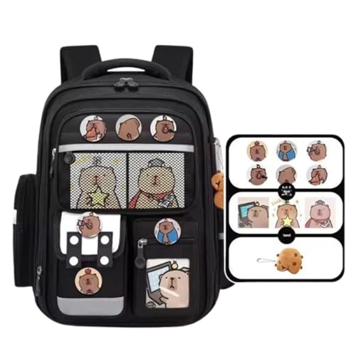 Mochila Capivara Escolar Ortopédica, Costas Anatômicas, Alças Ergonômicas, Resistente a água - Nylon Oxford - 5 Cores - Tamanho Grande 42 cm (PRETO)