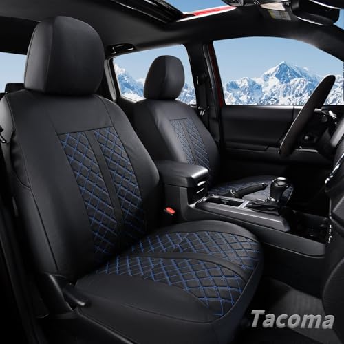 Image of Truckiipa Full Set Leather Seat Covers Fit for Toyota Tacoma Full Coverage Waterproof Seat Covers Cushion Protector Fit for 2016-2023 Toyota Tacoma Double Crew Cab, Full Set, Black&Blue