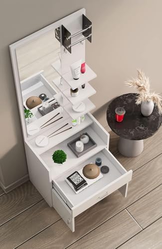 Image of Bniture Wooden Dressing Table for Bedroom with 1 Drawer, Mirror and Huge Storage Space | Long Dresser Vanity Table with Mirror (42D x 60W x 180H CM) | 3 Year Warranty (Frosty White, HXDR103)