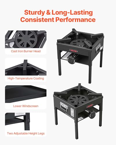 Image of VEVOR Single Burner Outdoor Propane Gas Stove, 200,000 BTU Propane LPG Gas Camping Stove, Heavy Duty Carbon Steel Outdoor Cooker, with Shield & 20 PSI Regulator, for BBQ Camp Home Patio Seafood Boil