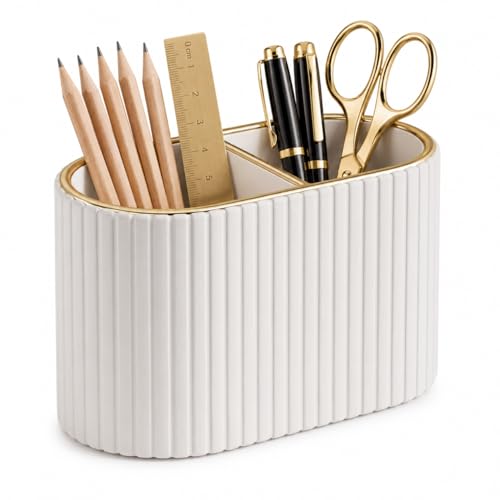 KINGFOM PU Leather Desk Organizer Pen Holder – Dual-Compartment Stylish Pencil Cup Remote Control Holder Desktop Supplies and Accessories Organizer Caddy for Office Home School (Light Beige)
