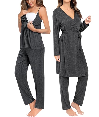 Image of SWOMOG Maternity Nursing Robe Set 3 Piece Breastfeeding Pajamas 3 in 1 Labor Delivery Sleevless Tops&Long Pants Pregnancy Pjs