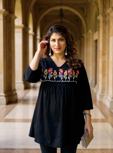 Image of Women's Viscose Cotton Embroidered Tunic Dress | Ethnic Motif 3 /4 Sleeve V-Neck Dress