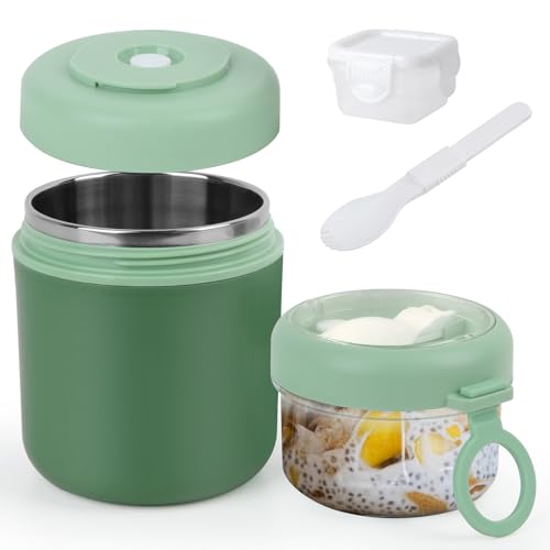 GEEKHOM On-The-Go Cereal Cup 530ml + 330ml Stainless Steel Granola & Yoghurt Pots, Leakproof, Insulated, Dishwasher Safe, Includes Spoon & Sauce Box