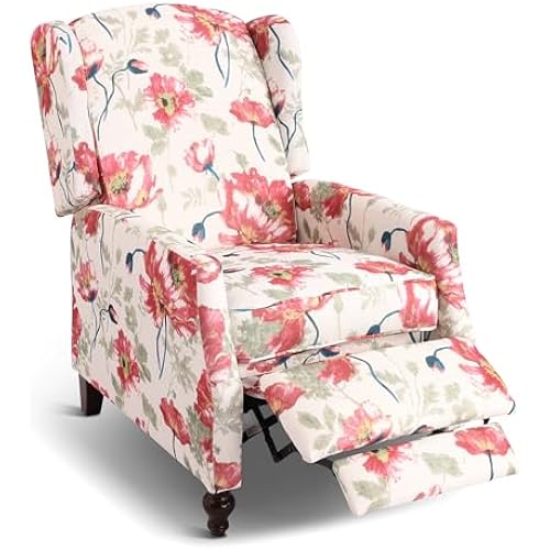 Upholstered Wingback Recliner Chair, Traditional Push Back Recliner Chair with Padded Seat, Fabric Floral Chair Wingback Recliner with Wooden Legs, Small Recliners for Small Spaces