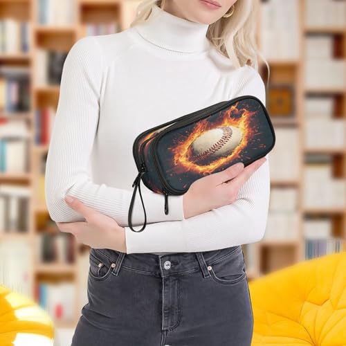 Image of Baseball Magma Flame Pencil Case 3 Compartment Pen Bag Pouch Holder Box School Portable Stationery Storage Bag for Girls Boys