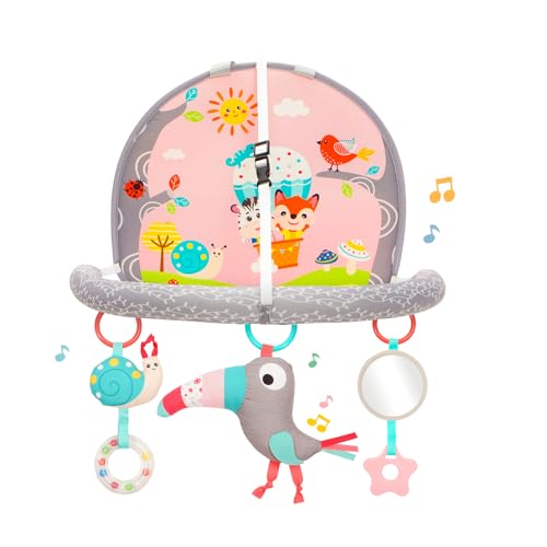 Image of Koty Baby Car Seat Toys, Infant Double Sided carseatToy,Pink Cute Rattle Toys with Music, Mirror, Travel Activities Developmental Toys for Babies 0-6 Months